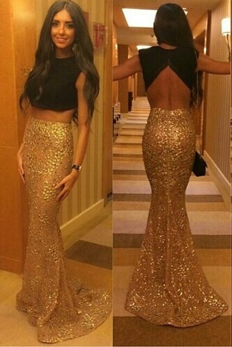 Two Pieces Prom Dresses Black and Golden Crew Neck Sequins Hollow Backless Fashion Mermaid Evening Gowns