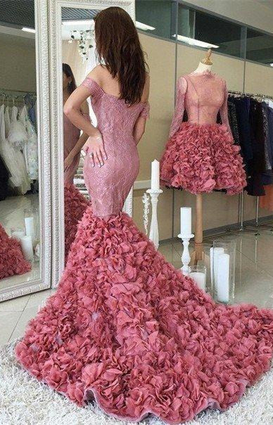 Gorgeous Pink Mermaid Ruffles Off-the-shoulder Prom Dress