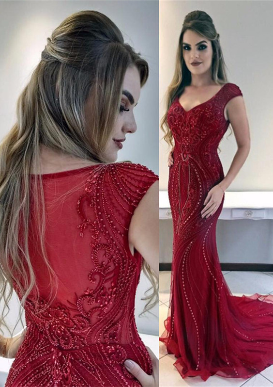 Red Cap-Sleeves Mermaid Gorgeous Prom Dress