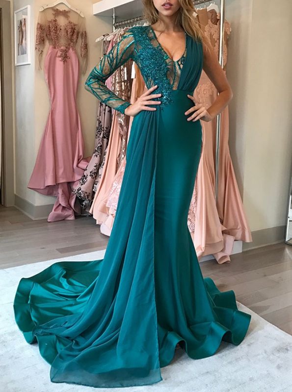 Green Long-SleeveProm Dress | Chiffon Long Evening Gowns With Appliques
