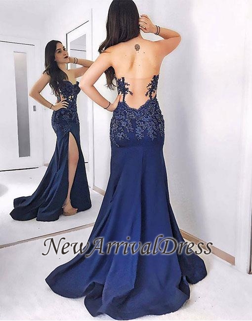 Mermaid Sweetheart Dark-blue Split-front Lace Sweep-train Evening Dress