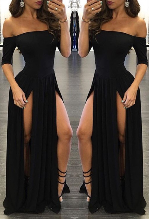 Chiffon Sexy Off-the-shoulder Half-Sleeve Black Split Prom Dress