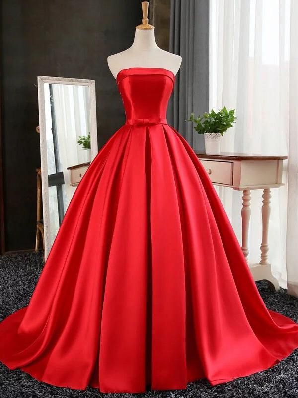 Strapless Red Bows-Sashes Puffy Simple Long Prom Dresses  BA8232