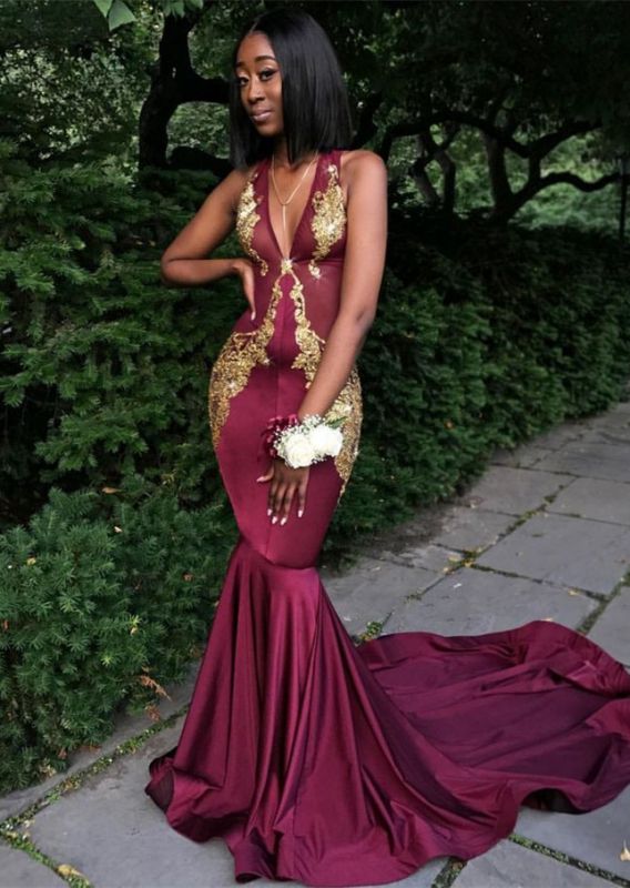 Sexy Straps Burgundy Sleeveless Mermaid Sweep Train Gold Appliques Prom Dress