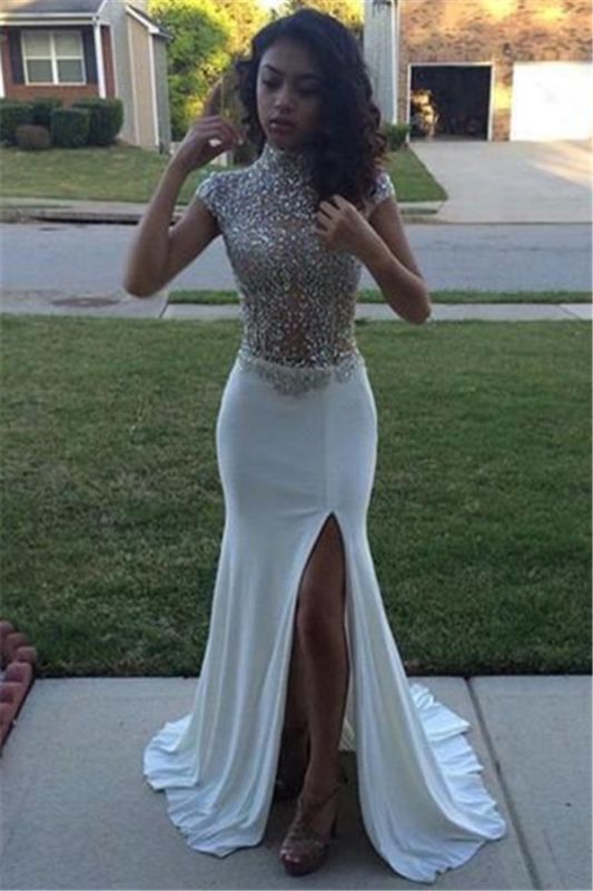 Beading Dresses Front High Prom Split Sequins Neck Cap Sleeves