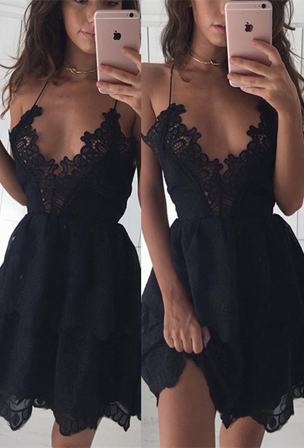 Sexy Lace Black Spaghetti Strap Mini Sleeveless Prom Dress