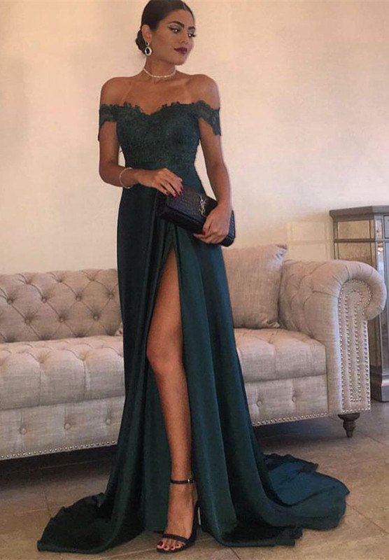 Long Lace Off-the-Shoulder Floor-Length Split Elegant Evening Dress