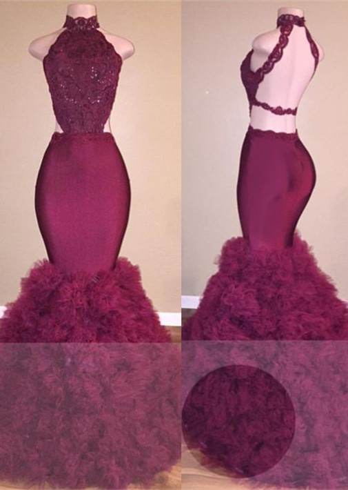 Glamorous Open Back Mermaid Formal Dresses | Lace Burgundy Prom Dresses