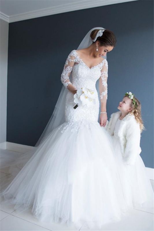 Elegant Lace Tulle Cathedral Wedding Dresses  V-neck Mermaid Open Back Bridal Gowns BA3273