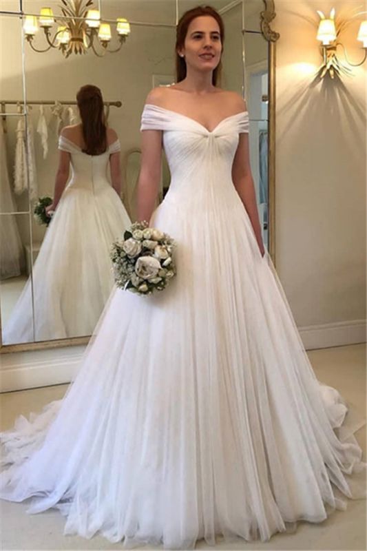 Simple A-Line Off Shoulder Wedding Dresses | 2021 Tulle Elegant Bridal Gowns BC1556