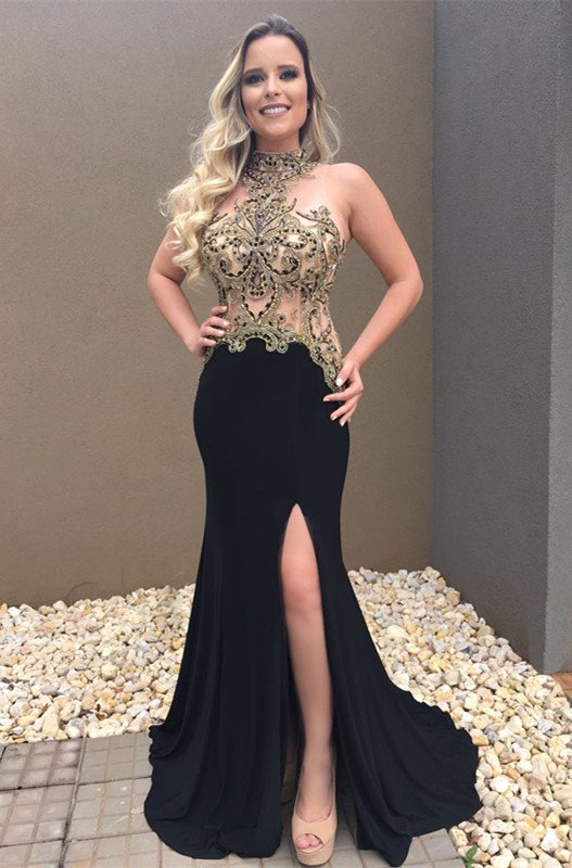 Appliques Halter Sexy Mermaid Black Prom Dress