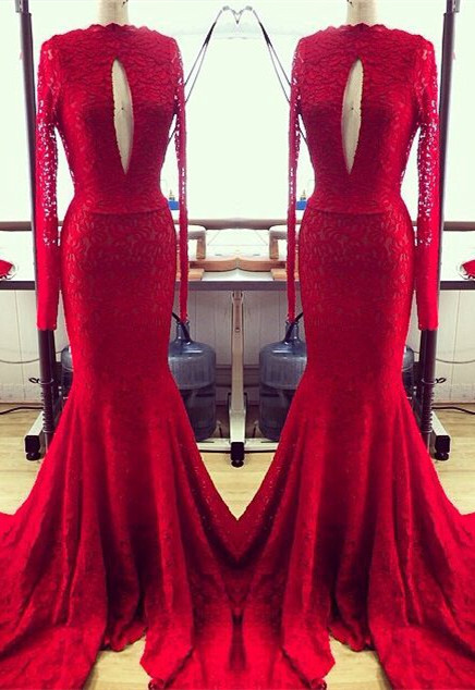 Modern Red Lace Keyhole Long Sleeve Mermaid Prom Dresses