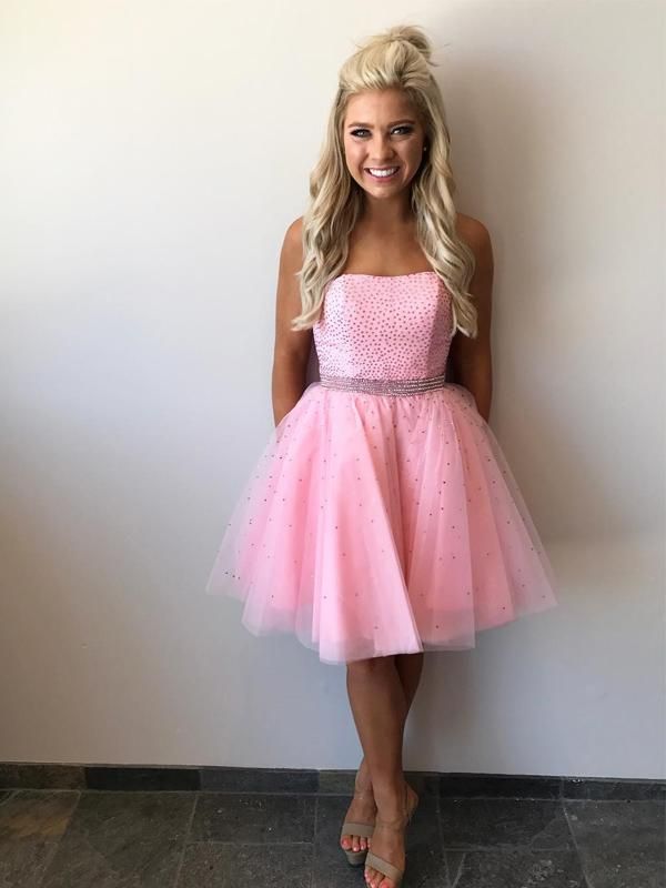 Delicate Pink Strapless Sleeveless Beading Short Homecoming Dress | Mini Cocktail Gown