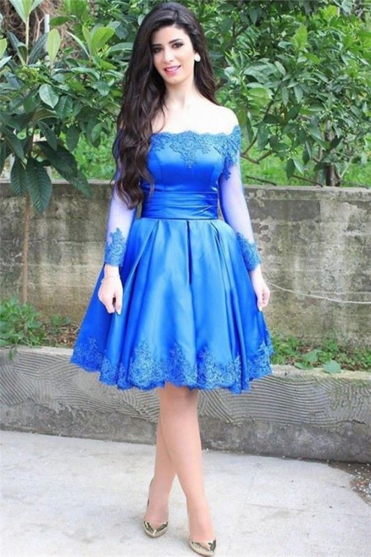 Off-the-shoulder blue Appliques Knee-Length Long-Sleeve Elegant Lace Homecoming Dress