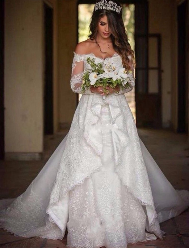 Elegant Long Sleeve  Online Lace Appliques Beautiful Princess Off The Shoulder Wedding Dresses