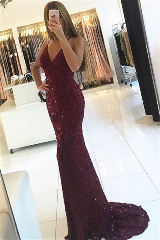 Shiny Mermaid Burgundy Prom Dresses V-neck Straps Backless Sequined Formal Dress