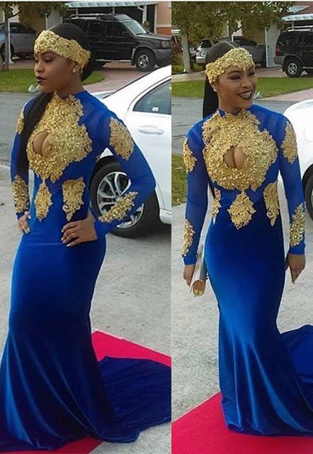 Modernes königsblaues Meerjungfrau-Goldapplikationen Samt-Abschlussballkleid