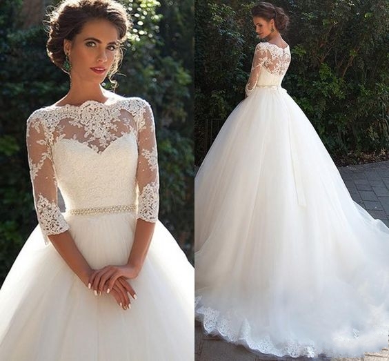 Half Sleeve Ball Gown Wedding Dresses | Puffy Tulle Lace Appliques ...