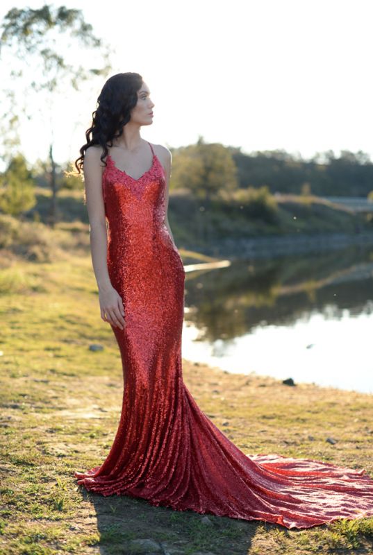 Charming Red Sequins MermaidProm Dress Long Spaghetti Straps BA8055