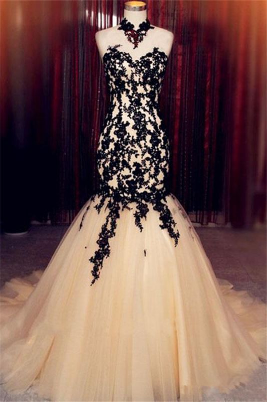Sleeveless High Neck Lace Mermaid Tulle Black Champagne Evening Dress BA8175