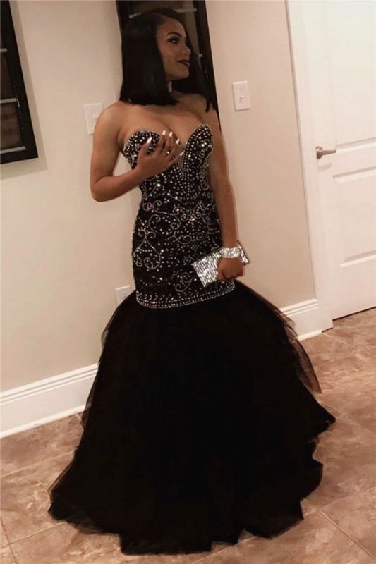Long Sweetheart Beads Prom Dresses | Mermaid Black Sequins  Formal Gowns FB0275