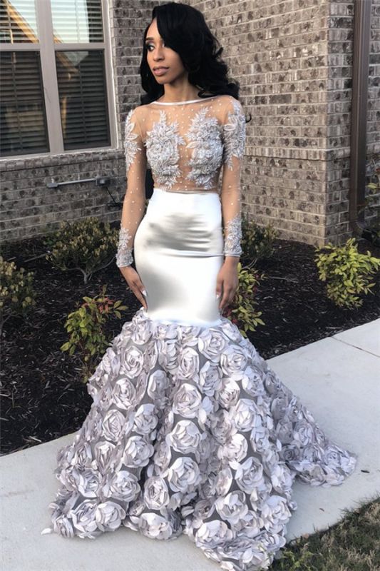 Silver Flowers Long See Through Prom Dresses | Long Sleeve Beads Lace Mermaid Evening Dress FB0371