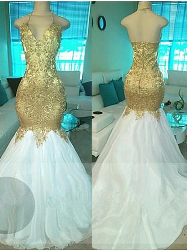 Sexy Open Back Gold Evening  Gowns | Beads Apliques Mermaid Long Prom Dresses