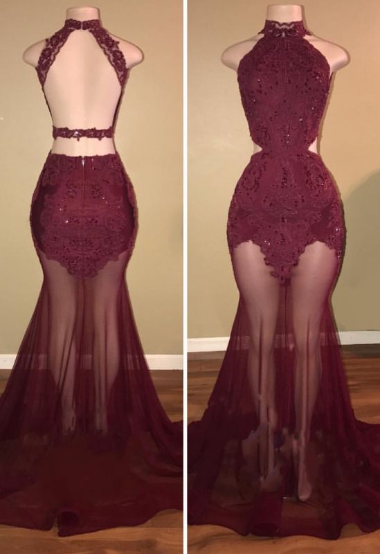 Mermaid Lace Appliques Sheer-Tulle Burgundy High Neck Long Prom Dresses  BA7713
