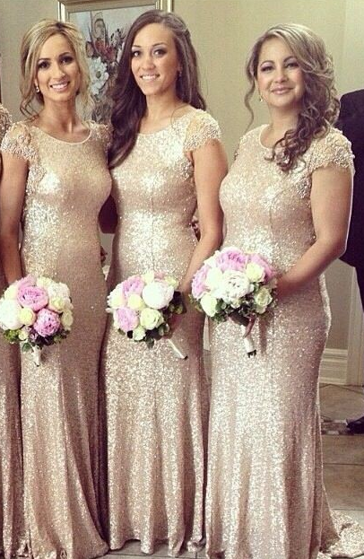 Sequined Crystal Short SleeveBridesmaid Dress Sexy Sweep Train Wedding Party Dresses