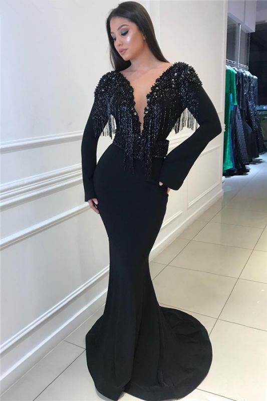 Sexy Black Open Back Long Sleeves Mermaid Tassels V-Neck Beadings Long Prom Dresses