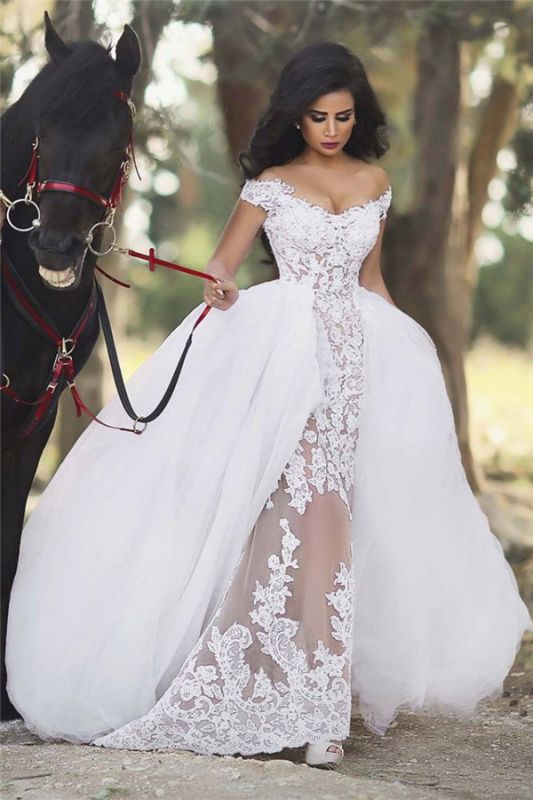 Off The Shoulder Sheer Lace Wedding Dresses Puffy Tulle Overskirt Sleeveless Bridal Gowns BA6040