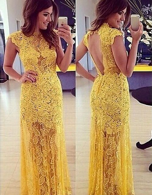 A-line Lace Yellow Modern Long High-Neck Sleeveless Prom Dress