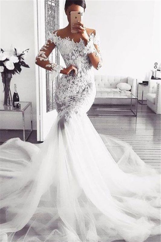 Sexy Sheer Tulle Illusion  Wedding Dresses | Long Sleeve Lace Mermaid Bridal Gowns