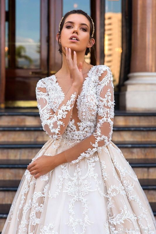 Princess Court Train Glamorous Lace Long Sleeve Wedding Dresses