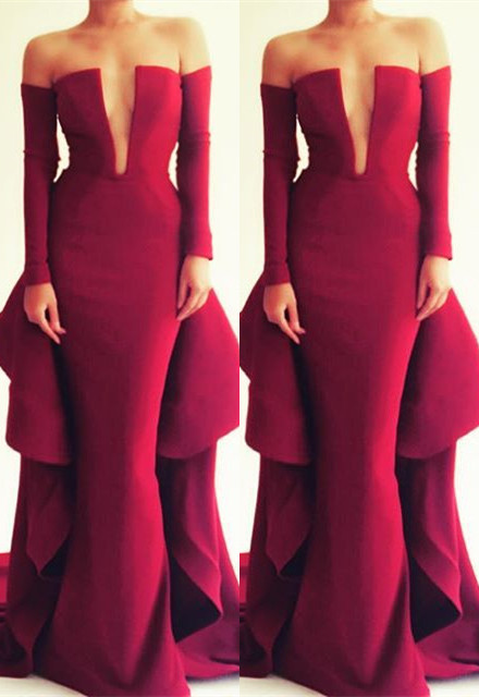 Red Ruffles Long Sleeve Mermaid V-neck Prom Dresses