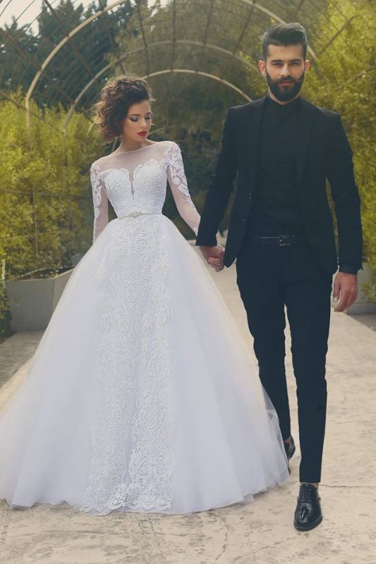 Long-Sleves Crystals Custom Made Elegant Tulle Wedding Dresses