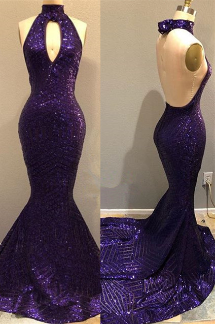 Purple Sequins Sexy Open Back Prom Dresses  | Mermaid Keyhole Evening Gowns BA9083
