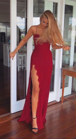 Newest Lace Red Front Split Sleeveless Spaghetti Strap Prom Dress