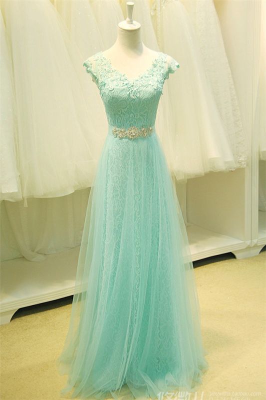 V-Neck Cap Sleeve Lace Evening DressesCrystal Lace Up Prom Gowns