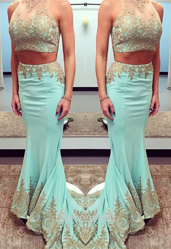 Delicate Two Piece Sweep Train Lace Appliques Halter Prom Dress