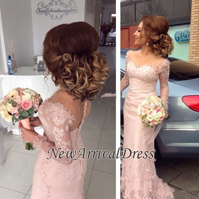 Long-Sleeve Pink Sheer Appliques Sheath Buttons Lace Bridesmaid Dress