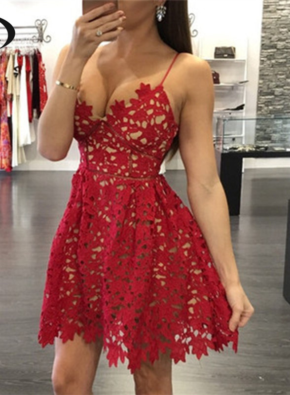 Sexy Red LaceHomecoming Kleid Kurze Spaghetti-Träger Partykleider