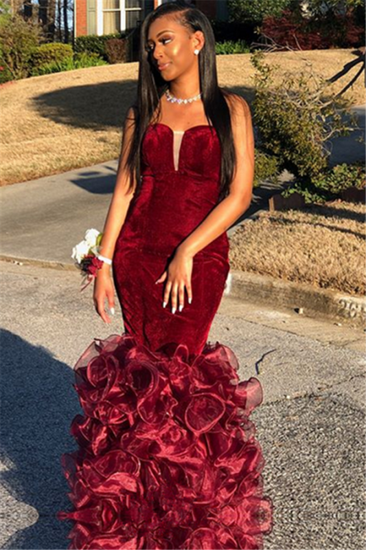 Strapless Mermaid Burgundy Velvet Prom Dresses | Long Ruffles Tulle Formal Dress