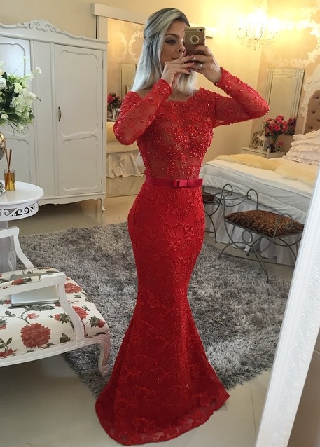 Long Sleeves Lace Mermaid Prom Dresses Red Scoop Neck Pearls Bow Sash Backless Long Evening Gowns BT00