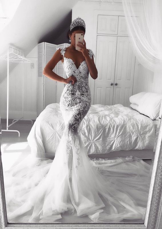 Beautiful Lace Mermaid Straps Cap Sleeve Wedding Dresses | Modest Online  Bridal Gowns BA9614