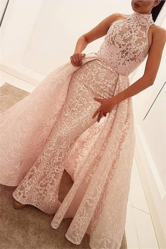 Popular Sheath Unique Overskirt Sleeveless High-Neck Lace Illusion Puffy Prom Dress BA6173