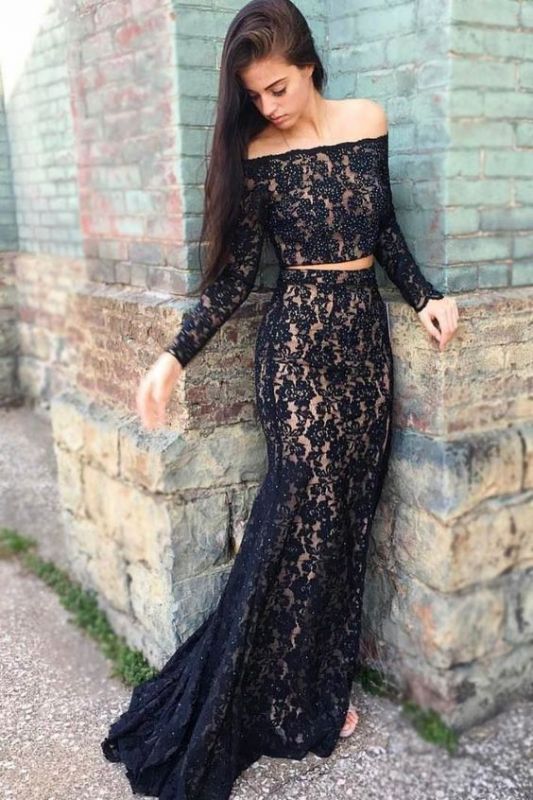 Black lace prom dress,two piece evening dress