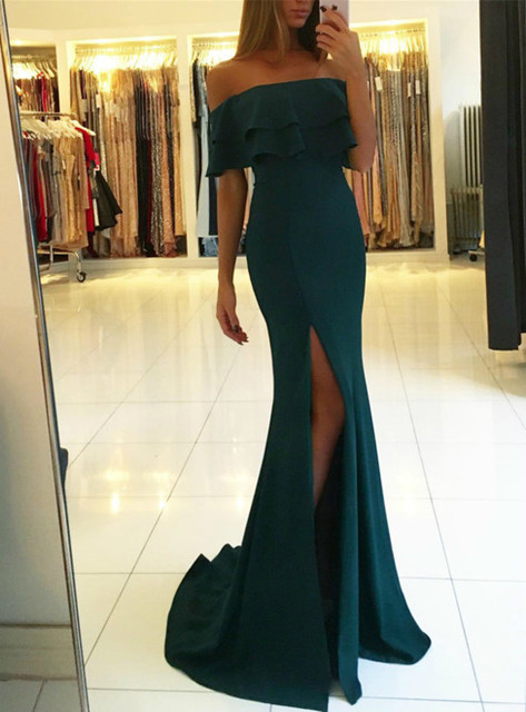 Green off the shoulder prom dress with split,green evening gowns