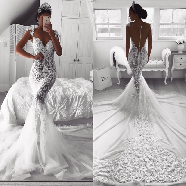 Beautiful Lace Mermaid Straps Cap Sleeve Wedding Dresses | Modest ...