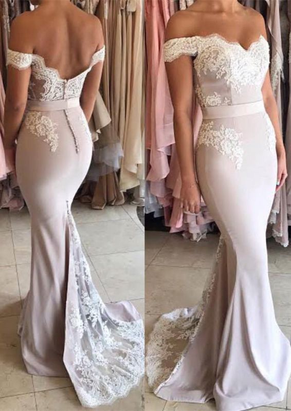 Modest Off-the-shoulder Lace Mermaid Sweep Train Prom Dress BA7854